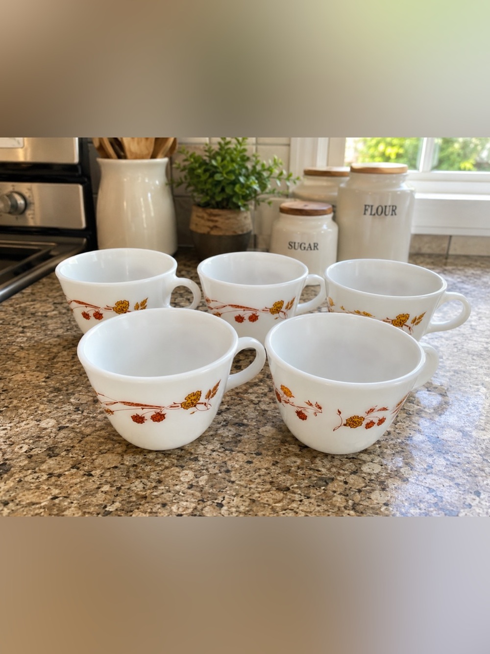 Set of 5 Vintage Pyrex Milk Glass Mugs – Autumn Harvest Pattern